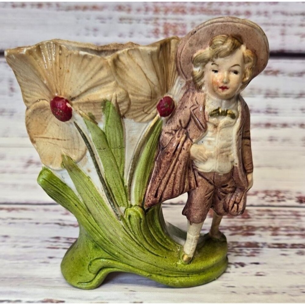 Vintage German Ceramic Planter Boy Flowers Figurine Germany Collectible ceramic